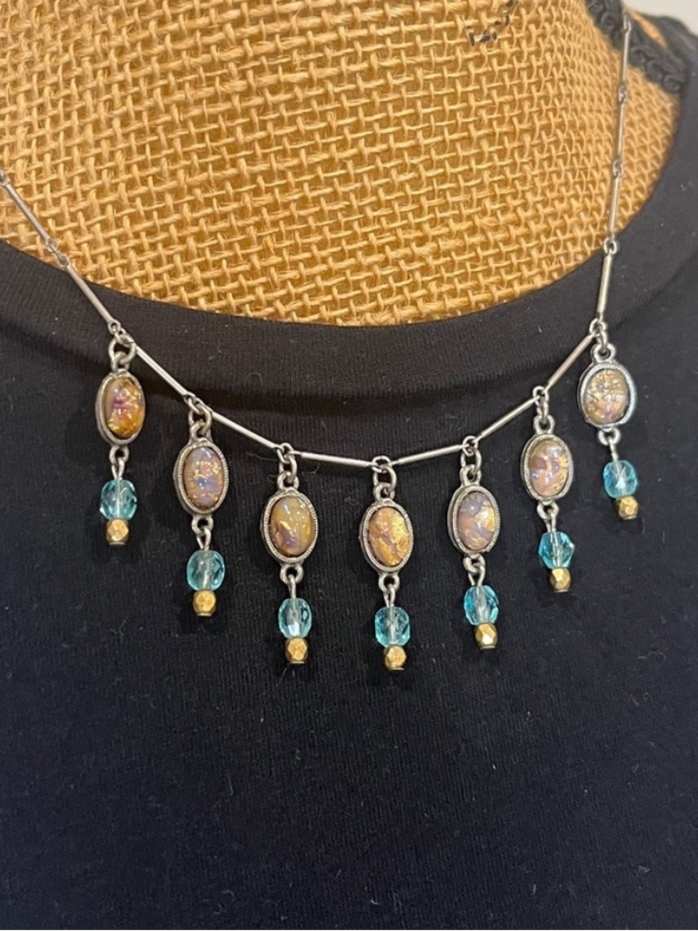 David Aubrey Handmade Beaded Iridescent Oval Drop Charm Necklace Boho
